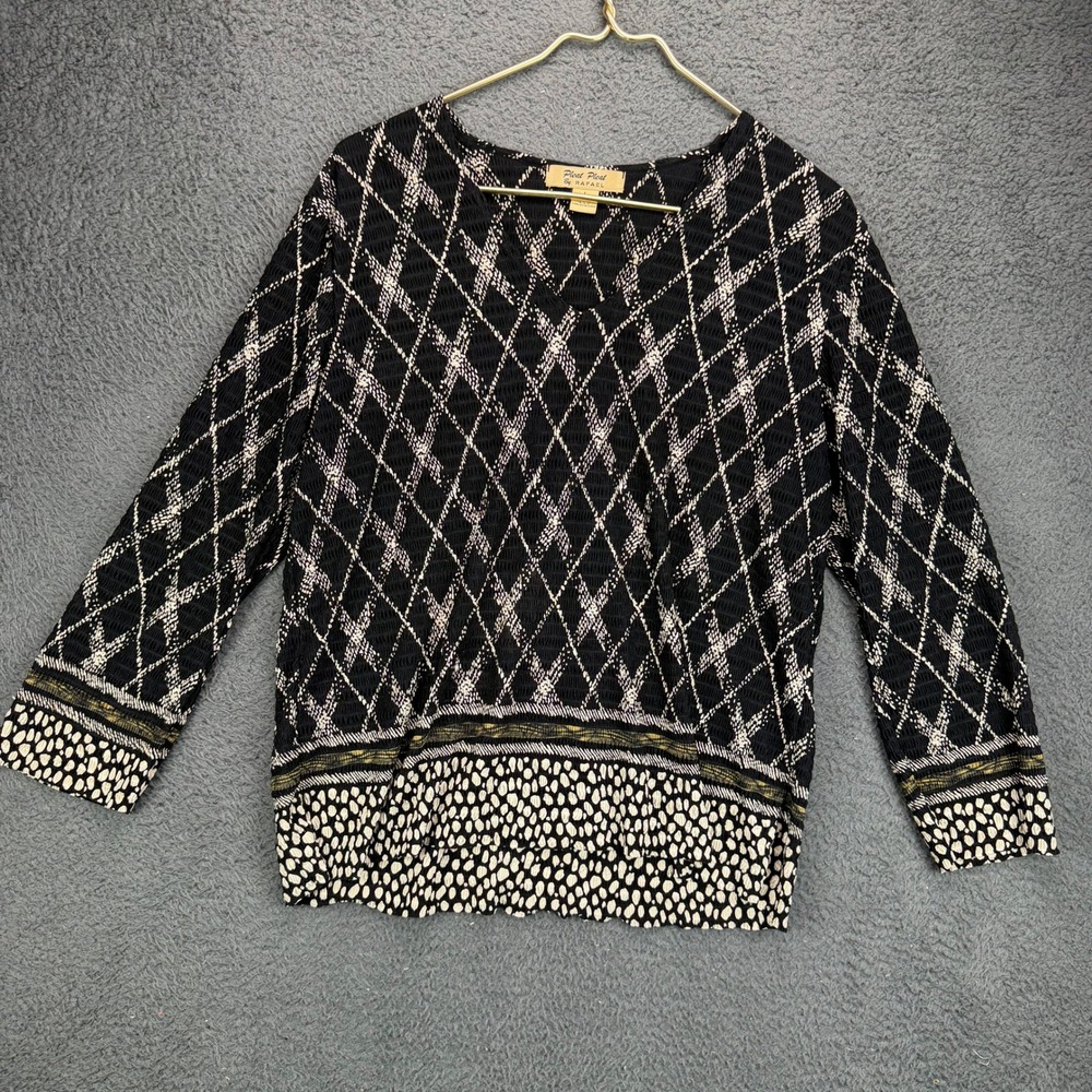 Pleat Pleat by Rafael Womens Large Black White Diamond Pleated V-Neck Top
